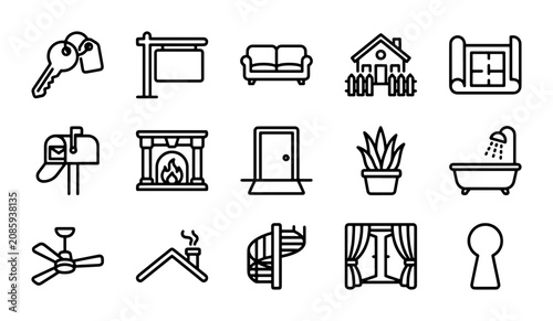 Real Estate Icons Set: House, Keys, Door, Window, Floor Plan, Bathtub, Fireplace, Mailbox, Spiral Staircase, Ceiling Fan, Keyhole