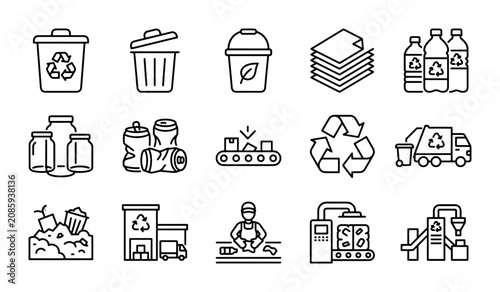 Recycling Icons Set: Waste Management, Eco-Friendly Collection, Industrial Process, Sustainability