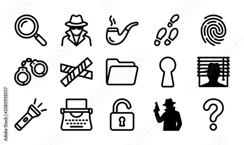 Detective Icons Set, Mystery Clues, Investigation Symbols, Crime Solving Vector Graphics