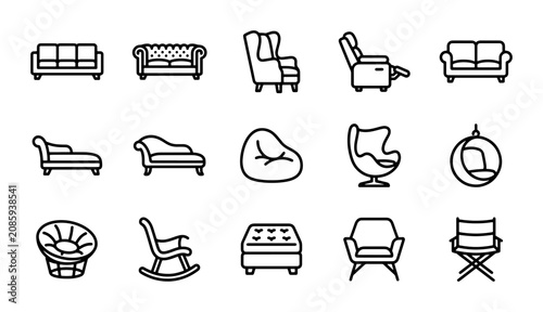 Obraz na płótnie Modern Furniture Icons Set: Sofa, Chair, Recliner, Chaise Lounge, Bean Bag, Vect