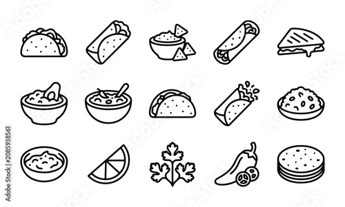 Mexican Food Icons Set, 15 Vector Graphics for Tacos, Burritos, Guacamole, and More