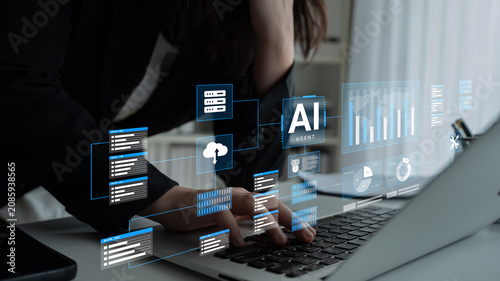 Business Professional Analyzing Data with Artificial Intelligence Technology in Modern Office Setting Cyphers