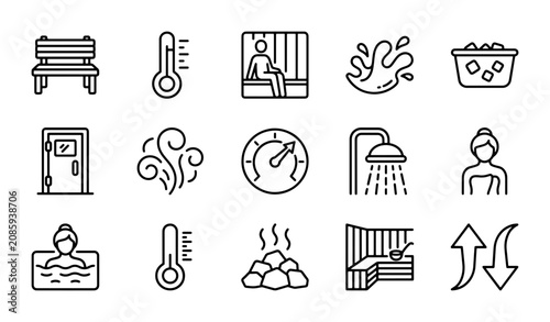 Sauna Icons Set, Wellness & Spa Line Art Collection, Relaxation and Heat Therapy Symbols
