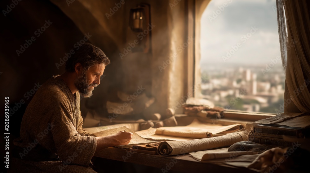 Obraz premium Daniel studies the sacred scrolls with wisdom and devotion, seeking understanding of God’s Word as light fills the room and hope rises for His people.