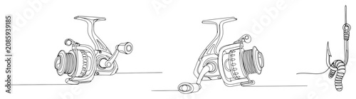 Canvastavla Fishing reels and bait hook with worm in line art style