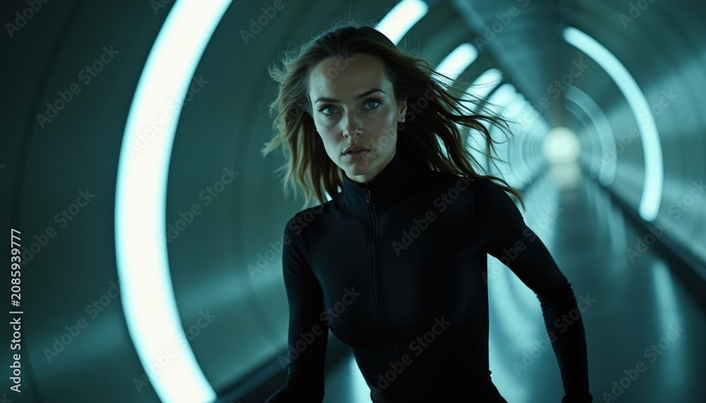 Fototapeta premium Woman in black bodysuit runs in illuminated tunnel. She looks determined, focused, powerful. Mystery surrounds her fast movement in the futuristic environment.