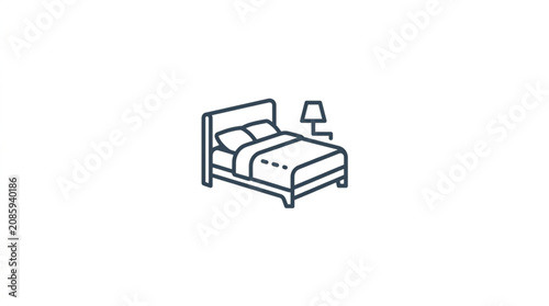Φωτογραφία Simple Line Art Icon of a Bed with Pillows and Lamp.