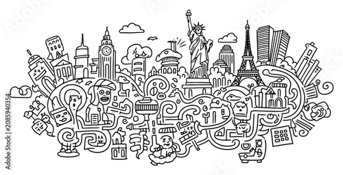 Foto World famous landmarks and travel icons integrated in complex doodle city landsc