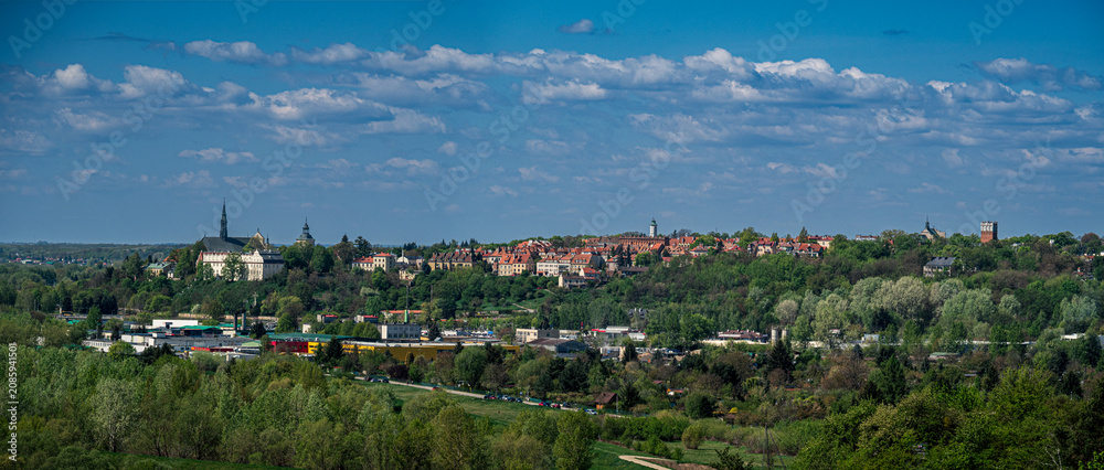 Obraz premium Panoramic view of a European town with historic buildings and greenery under a blue sky