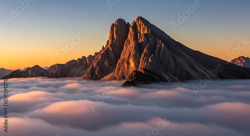 Majestic Rugged Mountain Peak Emerging Above A Thick Blanket Of Sea Of Clouds During A Warm Golden Hour Sunrise Landscape