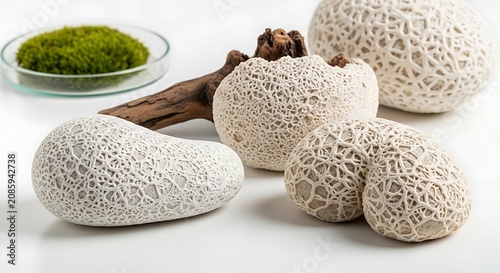 Natural White Sea Sponges and Green Moss Arranged with Driftwood on a White Background