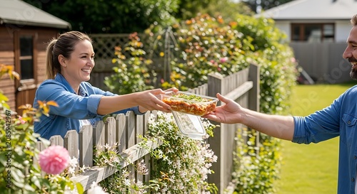 Friendly Neighbors Sharing a Homemade Meal Over a Garden Fence in a Warm Sunny Backyard Setting