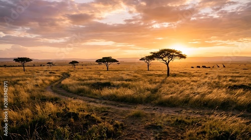 Golden sunset over vast African savanna, silhouetted acacia trees, winding dirt path, evoking serene untouched wilderness beauty