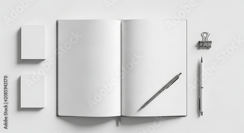 Open blank notebook with fountain pen, business cards, and binder clip on white background mockup