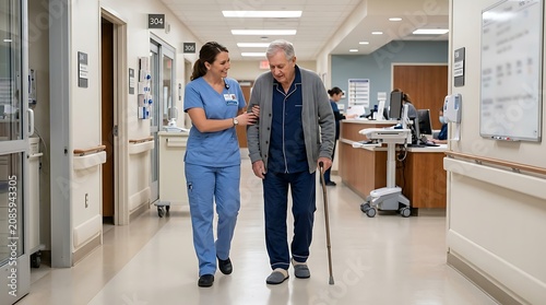 Professional Nurse Assisting an Elderly Patient with a Walking Cane Along a Hospital Corridor for Recovery and Rehabilitation