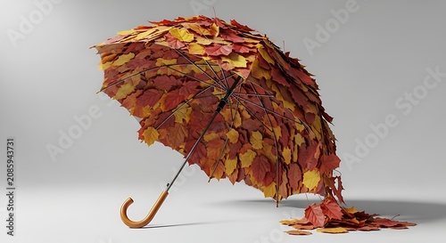 Whimsical autumn umbrella adorned with a vibrant tapestry of orange, red, and yellow fall leaves, symbolizing seasonal change and natural beauty in a studio setting