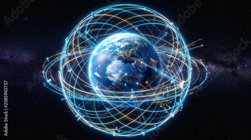 Global satellite network orbits planet Earth in starry cosmos