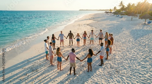 aerial view of diverse group of people holding hands in circle on tropical white sand beach at sunset. teamwork, unity, summer vacation concept. banner, website header, copyspace.