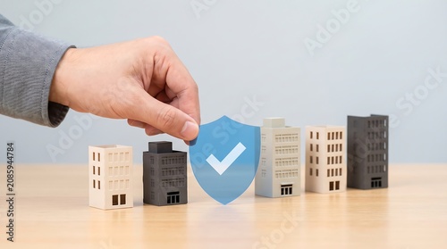 Hand holding a blue shield icon protecting small model buildings on a wooden table representing property insurance and safety