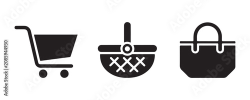 Fotografía Minimalist black shopping icons showing cart basket and handbag silhouettes for boutique and retail use
