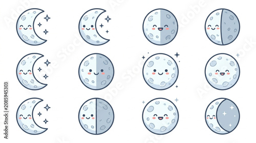 Konstfotografi Cute Moon Phases Collection Kawaii Style Celestial Bodies.