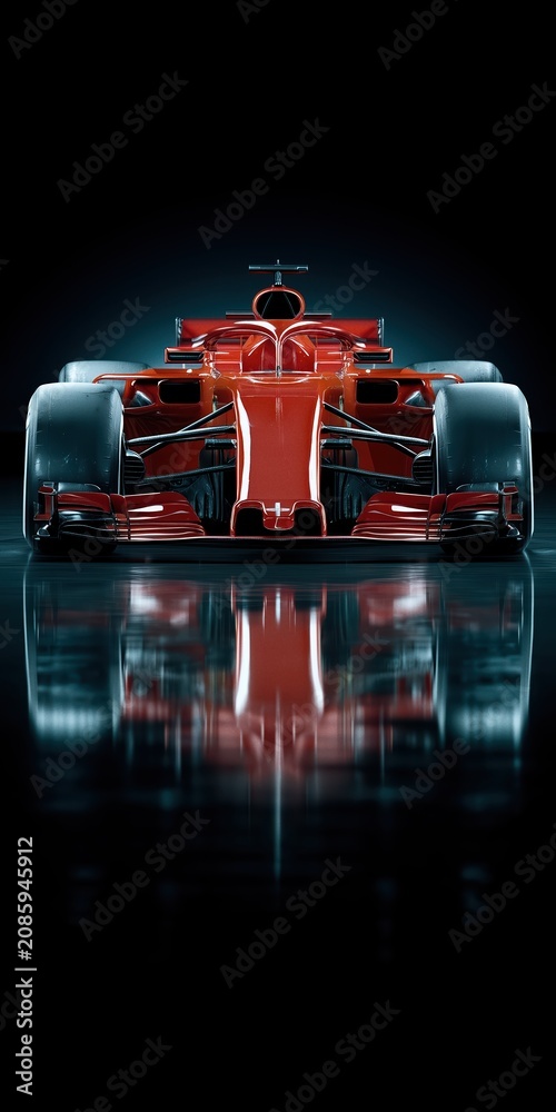 Obraz premium A high performance red Formula 1 racing car in a studio setting with dramatic lighting and shiny reflections. Modern aerodynamic design representing speed and power.