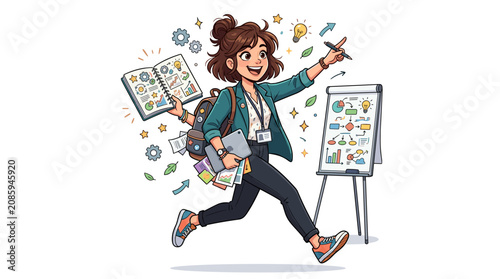 Energetic businesswoman multitasking with documents and ideas, running with a whiteboard presentation