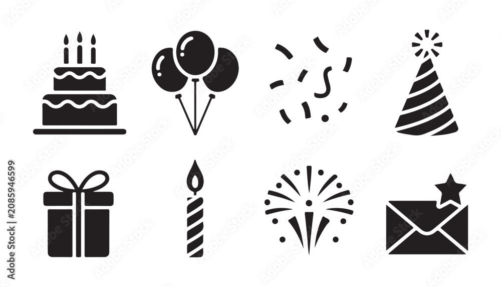 Naklejka premium Birthday celebration vector icon collection featuring cake candles balloons party hat and fireworks.