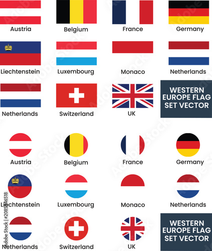 Western Europe Flags Collection Vector Set  Rectangle and Circle Country Flag IconsWestern Europe Flags Collection Vector Set  Rectangle and Circle Country Flag Icons