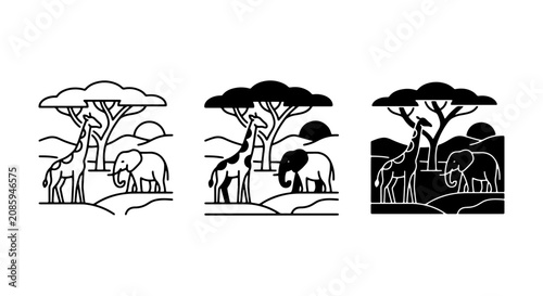 Photography African Safari Icons: Giraffe, Elephant, Acacia Tree Landscapes
