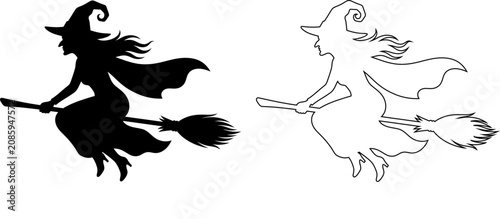 Cuadro en lienzo Witch Flying Broomstick Silhouette Halloween Sorceress Character Vector Illustra