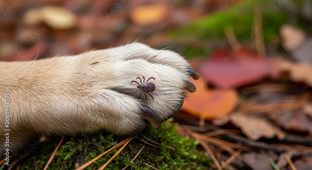 Obraz premium Close up of a dangerous tick crawling on a dog s paw during an autumn walk in the forest
