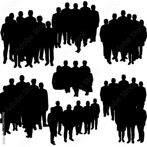 Canvastavla Collection of eight groups of black silhouetted people arranged in a grid pattern, each group varying in size and formation, set against a plain white background
