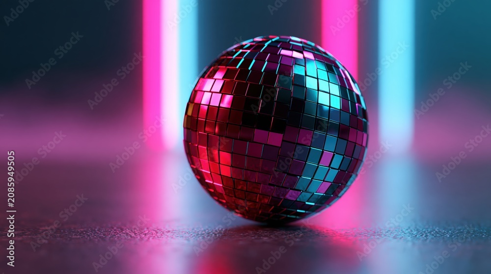 Obraz premium Disco ball with neon cyan and magenta beams in dark modern studio