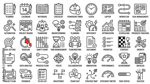 A collection of business and technology icons on a white background