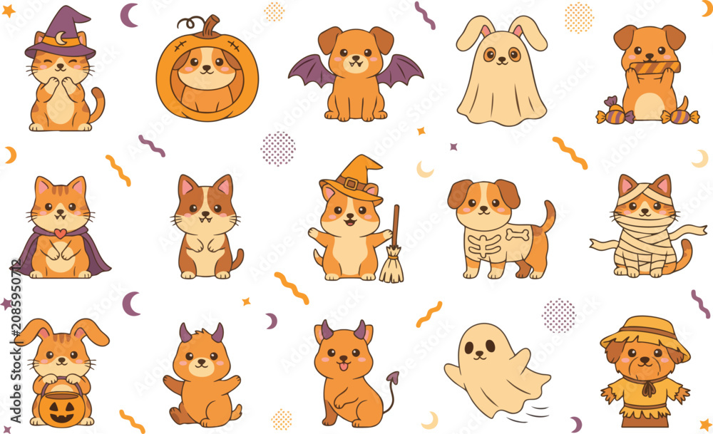 Obraz premium Cute halloween animals set with cats and dogs in spooky costumes for autumn holiday design and greeting cards