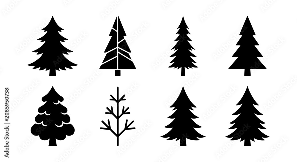 Obraz premium Conifer Tree Silhouettes, Pine Evergreen Vector Icons, Forest Nature Elements, Winter Season Graphics