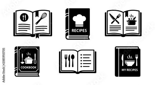 Фотография Cookbook Icons Set, Recipe Book Vector Graphics, Culinary Collection for Food Bl