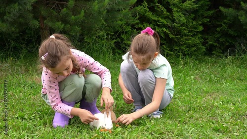 Two happy girls feed little baby rabbits carrots outdoors in garden. Rabbits eat vegetables. Children care pets. Kids with animals. Agriculture, farming