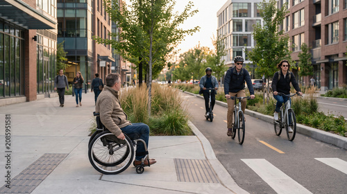 Barrier-Free Protected Bike Path on Accessible Modern Urban Street