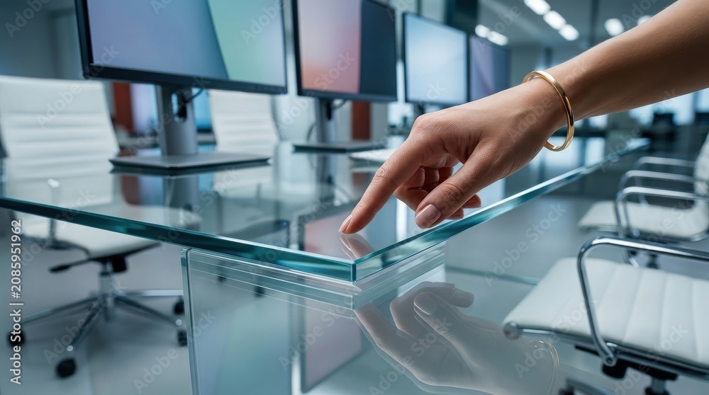 Fototapeta premium Hand reaching out to press button on glass desk in modern office