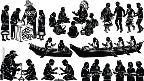 Schilderij op canvas Black silhouette collection of indigenous native people in traditional activitie