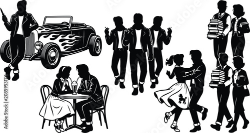 Quadro su tela Group of 1950s style teenagers in leather jackets with classic hot rod car and d