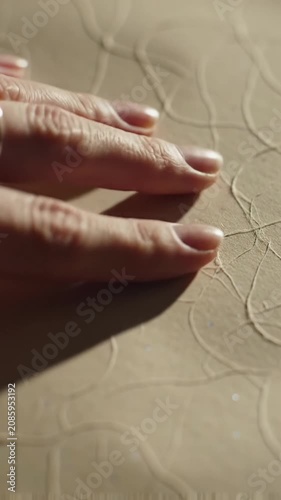 Extreme close-up macro video of a hand gently touching light beige, textured recycled paper with natural fibers, enhanced by soft warm light. Concept of sustainability and mindful touch