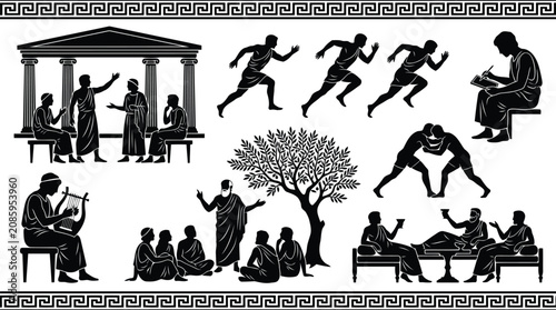 Foto Ancient greek life silhouettes set with people athletics philosophy music and tr