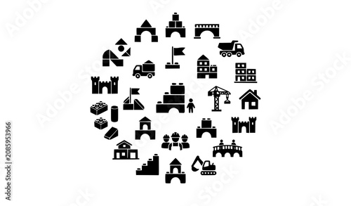 Fotografie Toy Building Blocks Silhouette Icon Set Arranged in Circle Featuring Castles, Ho