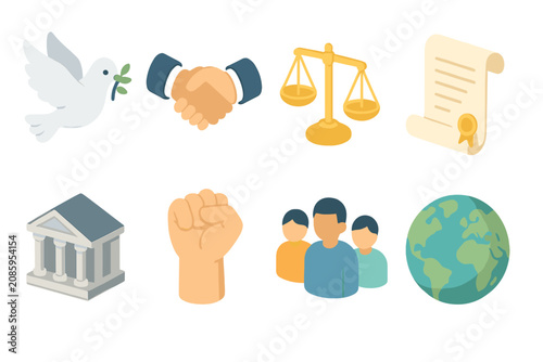 Collection of icons representing justice, peace, human rights, and global unity