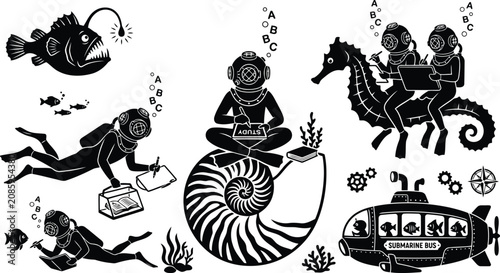 Tableau sur toile Black and white illustration of scuba divers exploring the ocean with fish and a