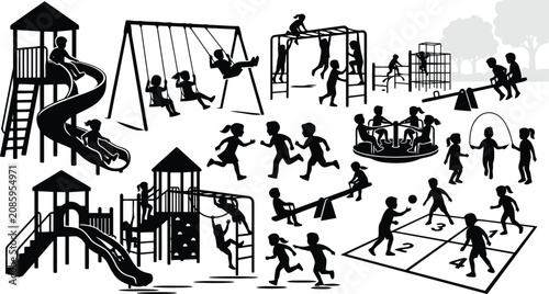 Foto Black silhouettes of happy children playing on playground equipment like slides