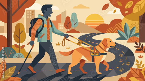 Fotografía Visually impaired man walking with service dog in park.